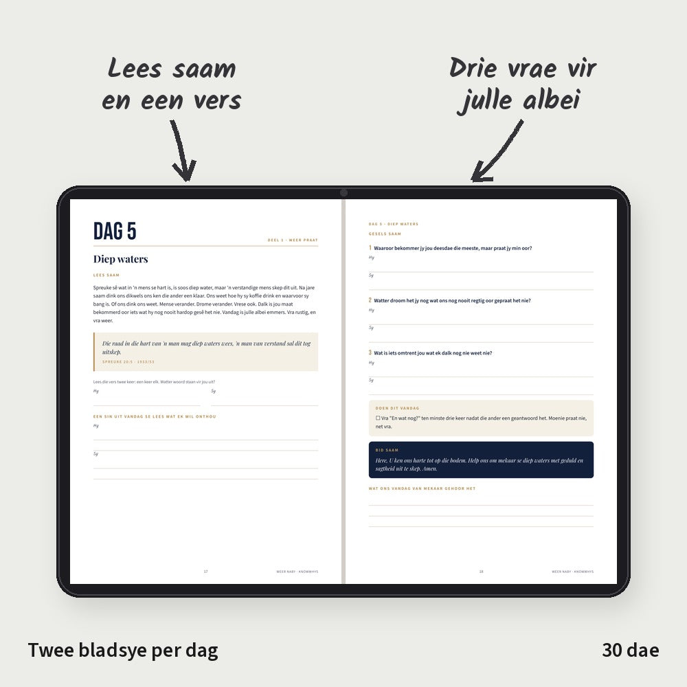 Twee bladsye uit Weer Naby, Dag 5, op ’n digitale tablet, nie in ’n gedrukte boek nie