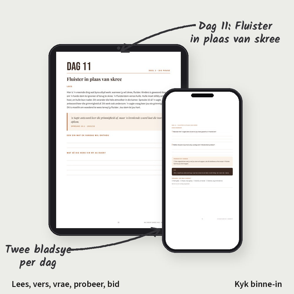 Twee bladsye uit Nie Meer Skree Nie, Dag 11, op ’n digitale tablet, nie in ’n gedrukte boek nie